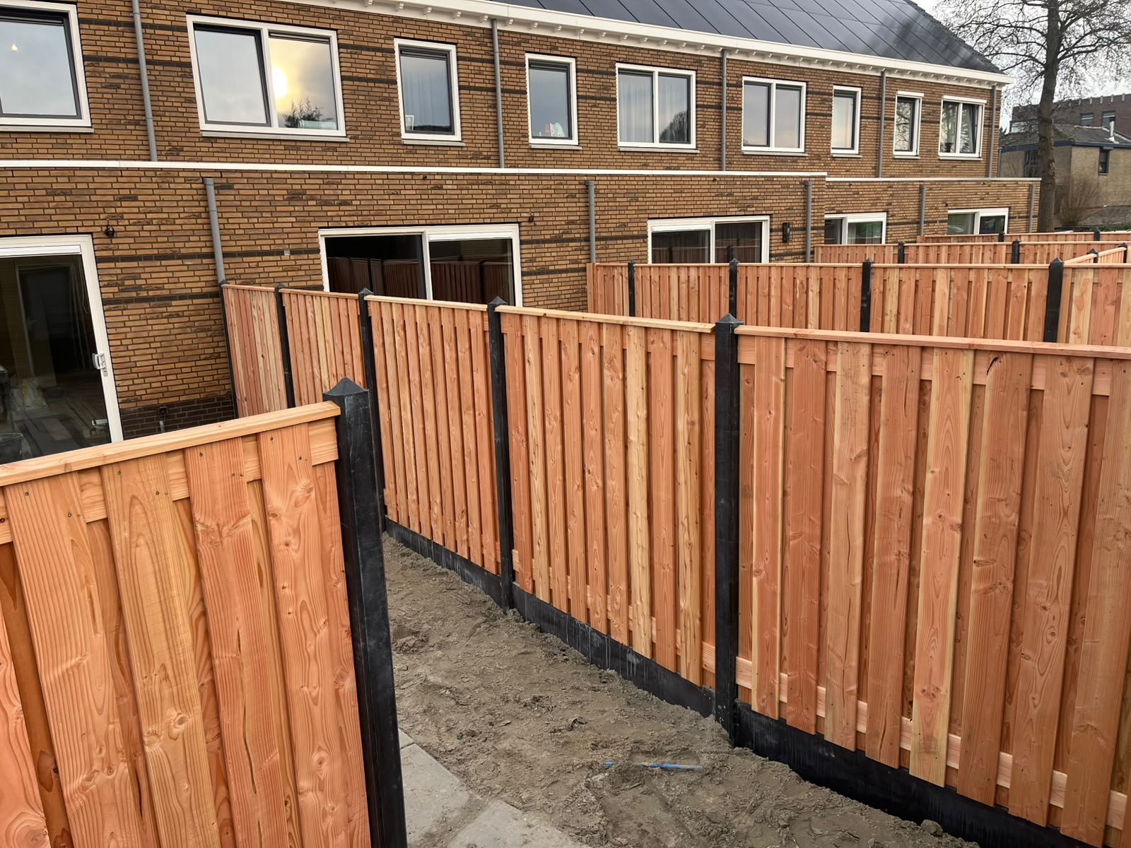 Douglas schutting met antraciet betonpalen rondom een nieuwbouwtuin